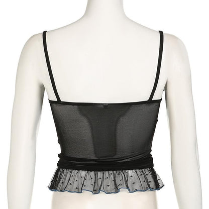 V neck polka dot bowknot mesh ruffle cami top