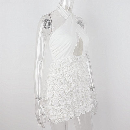 Crossover Halter Keyhole Cutout Tiered Ruffle Mini Dress