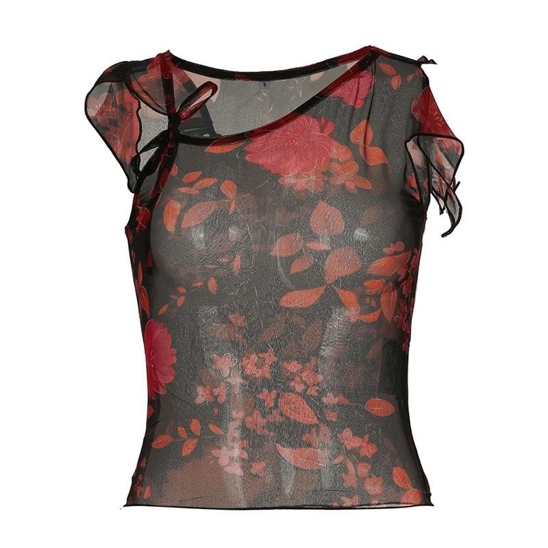 Irregular sheer mesh print ruffle top