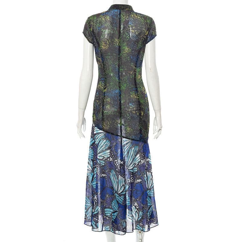 Short sleeve hollow out slit butterfly print see through cut out midi dress