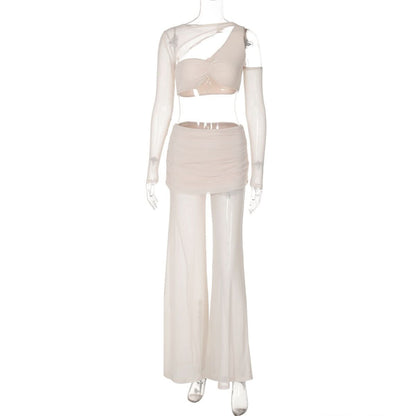 Long sleeve mesh patchwork ruched maxi skirt set-final-sale