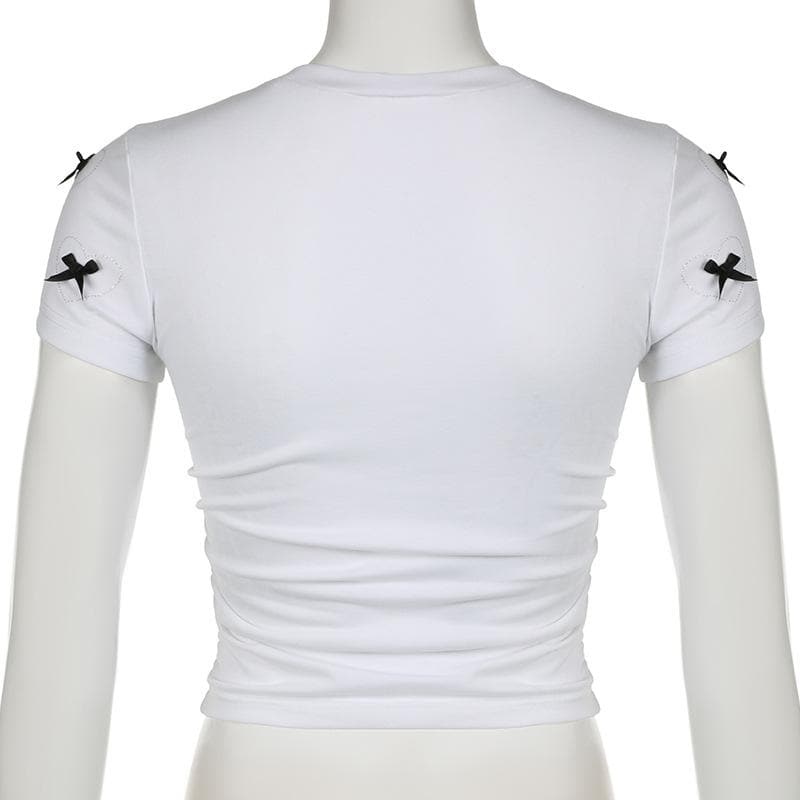 Short sleeve bowknot beaded ruched top