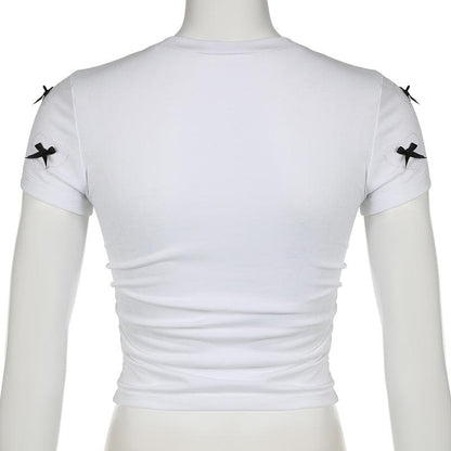 Short sleeve bowknot beaded ruched top