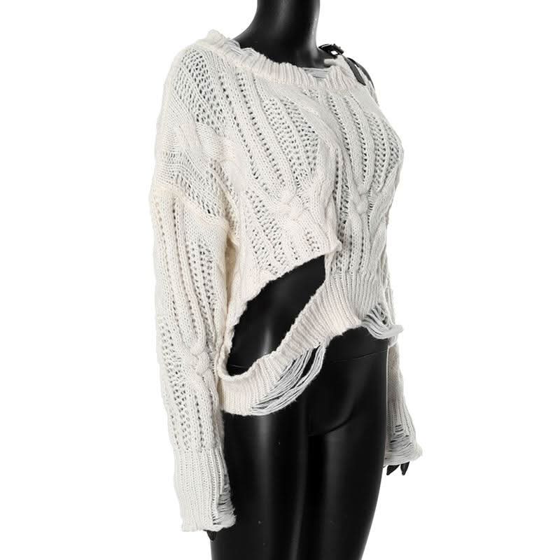 Long sleeve buckle knitted hollow out cut out top