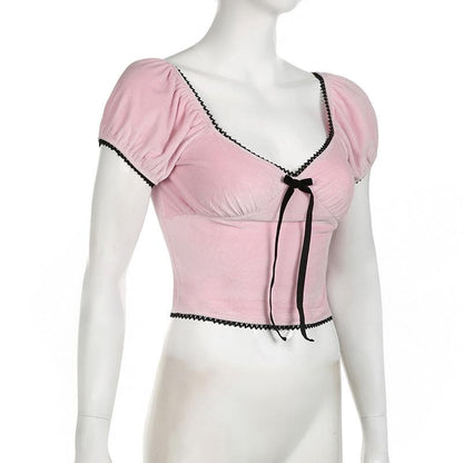 Short puff sleeve bowknot ribbon velvet top
