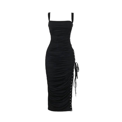Square neck lace up ruched hollow out cut out midi dress