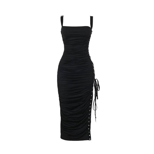 Square neck lace up ruched hollow out cut out midi dress