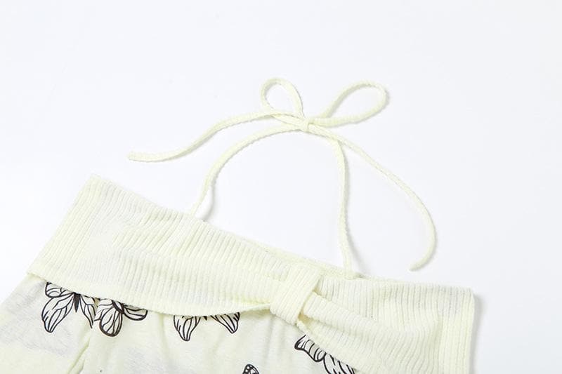 Butterfly print contrast off shoulder halter long sleeve crop top