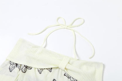 Butterfly print contrast off shoulder halter long sleeve crop top