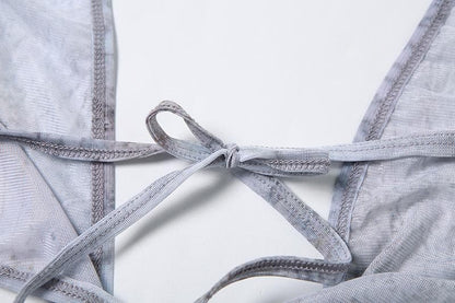 Halter self tie deep V neck sheer mesh shell applique maxi dress