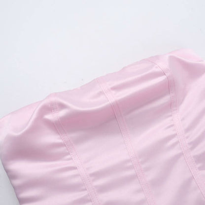 Smocked ruched satin solid tube mini dress