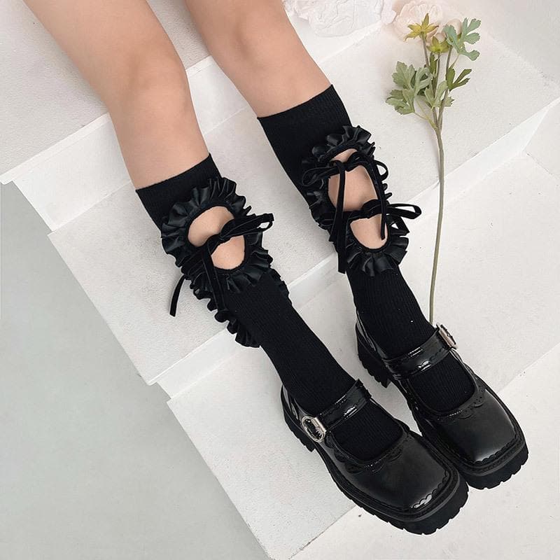 Hollow out bowknot ruffle irregular knee high socks
