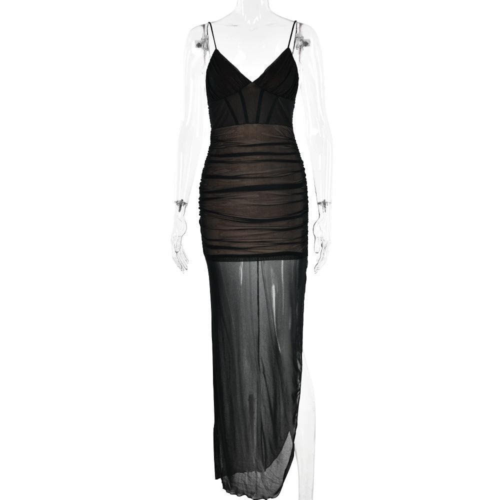 Mesh v neck ruched slit zip-up spaghetti strap maxi dress