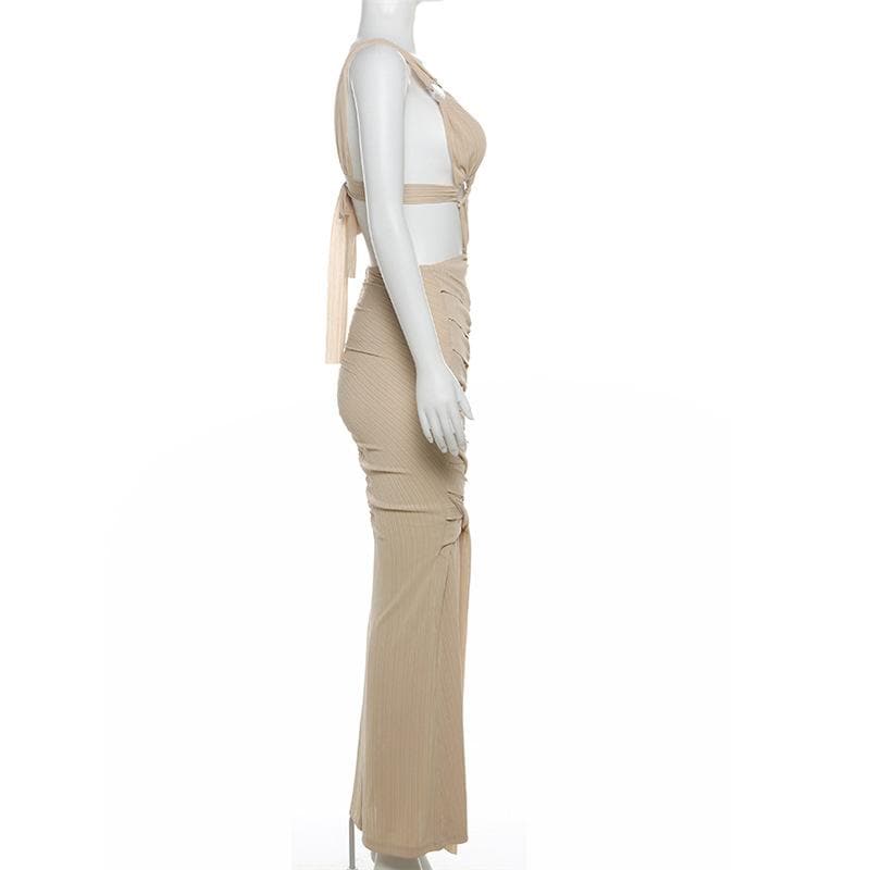 O ring textured hollow out self tie ruched tank cut out maxi dress