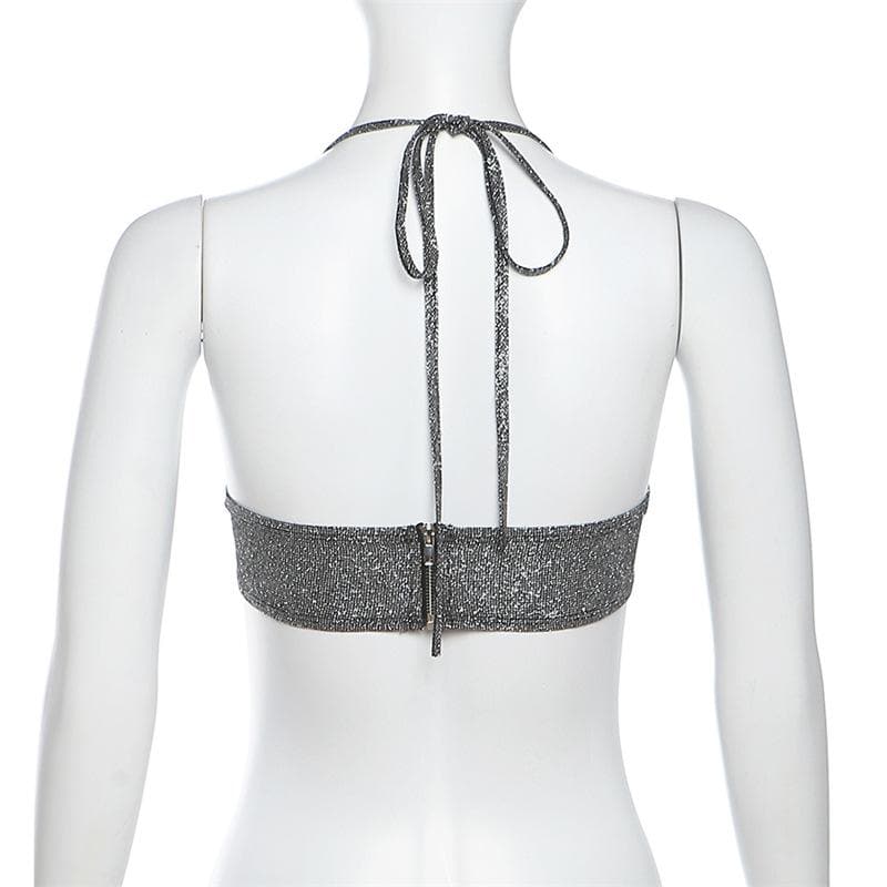 Halter backless zip-up beaded sweetheart neck crop top