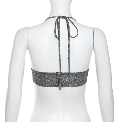 Halter backless zip-up beaded sweetheart neck crop top