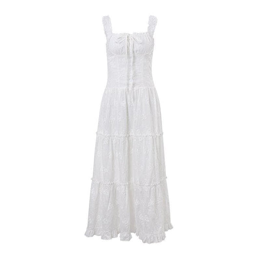 Drawstring ruched ruffle textured cami midi dress