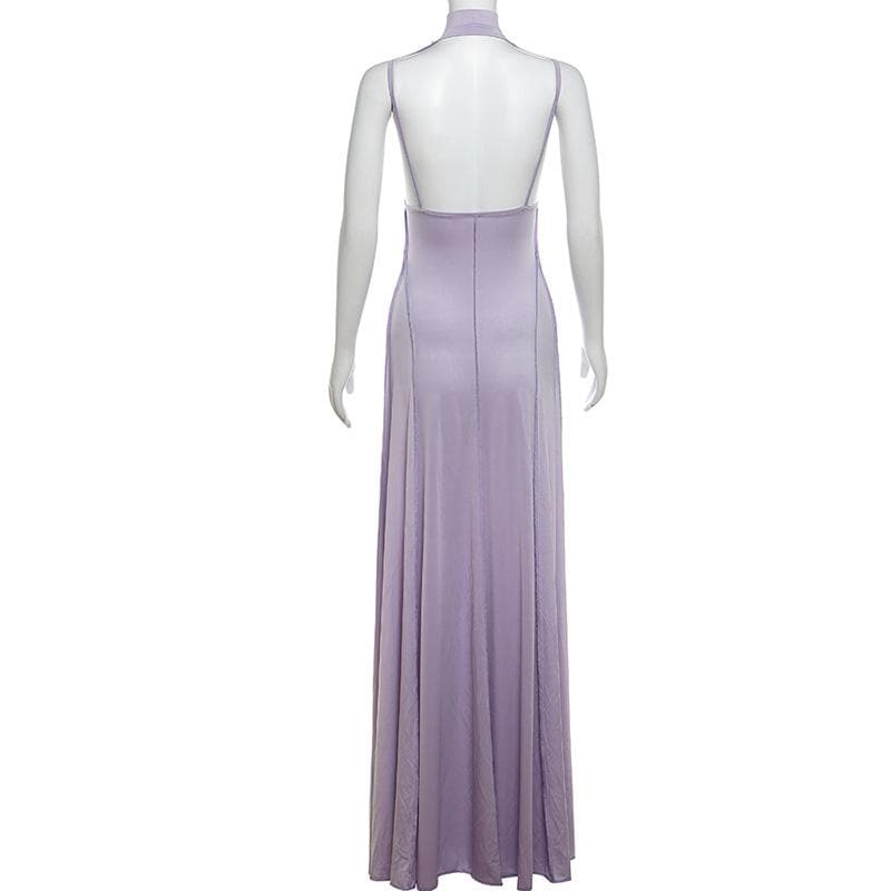 High neck stitch halter backless solid maxi dress