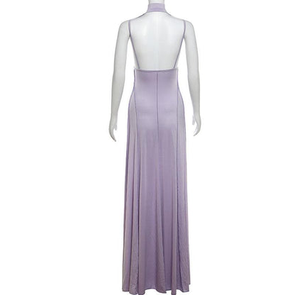 High neck stitch halter backless solid maxi dress