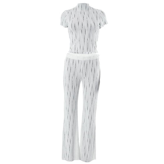 Textured solid hollow out short sleeve high neck pant set