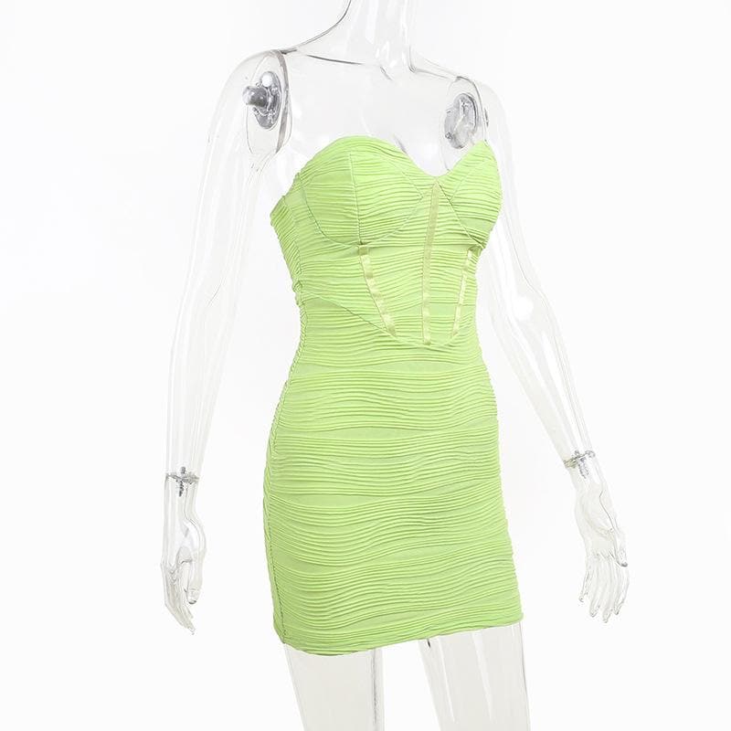 Strapless Sweetheart Neck Corset Boning Horizontal Ruched Bodycon Mini Dress