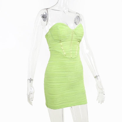 Strapless Sweetheart Neck Corset Boning Horizontal Ruched Bodycon Mini Dress