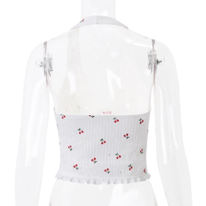 Halter fruit print button ruffle knotted textured top