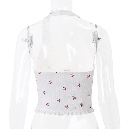 Halter fruit print button ruffle knotted textured top