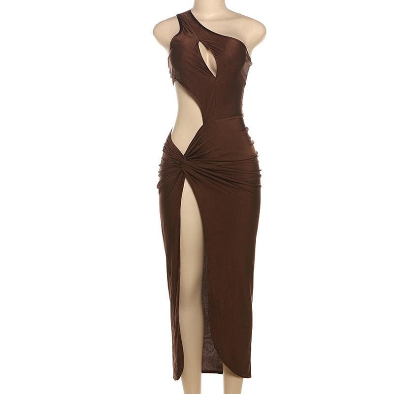 One shoulder hollow out ruched high slit cut out midi dress