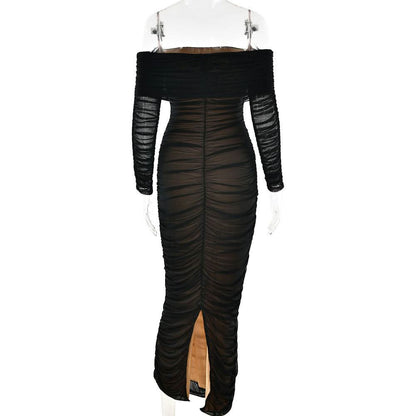 Off shoulder long sleeve slit mesh ruched maxi dress