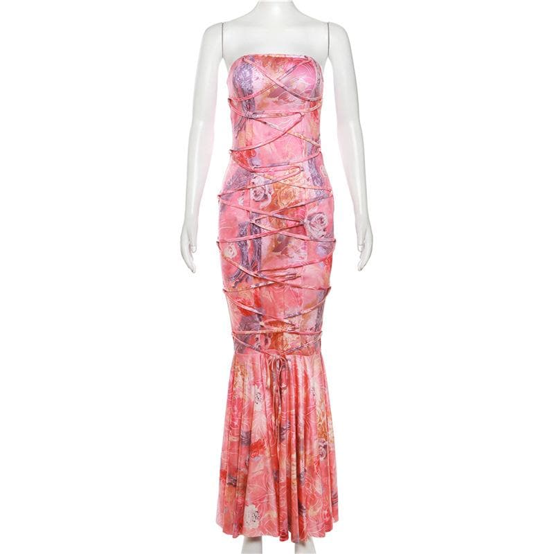 Lace up flower print contrast backless tube maxi dress