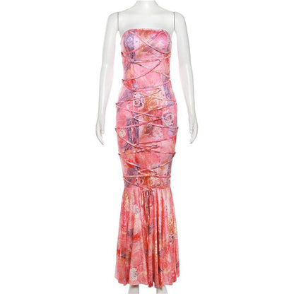 Lace up flower print contrast backless tube maxi dress