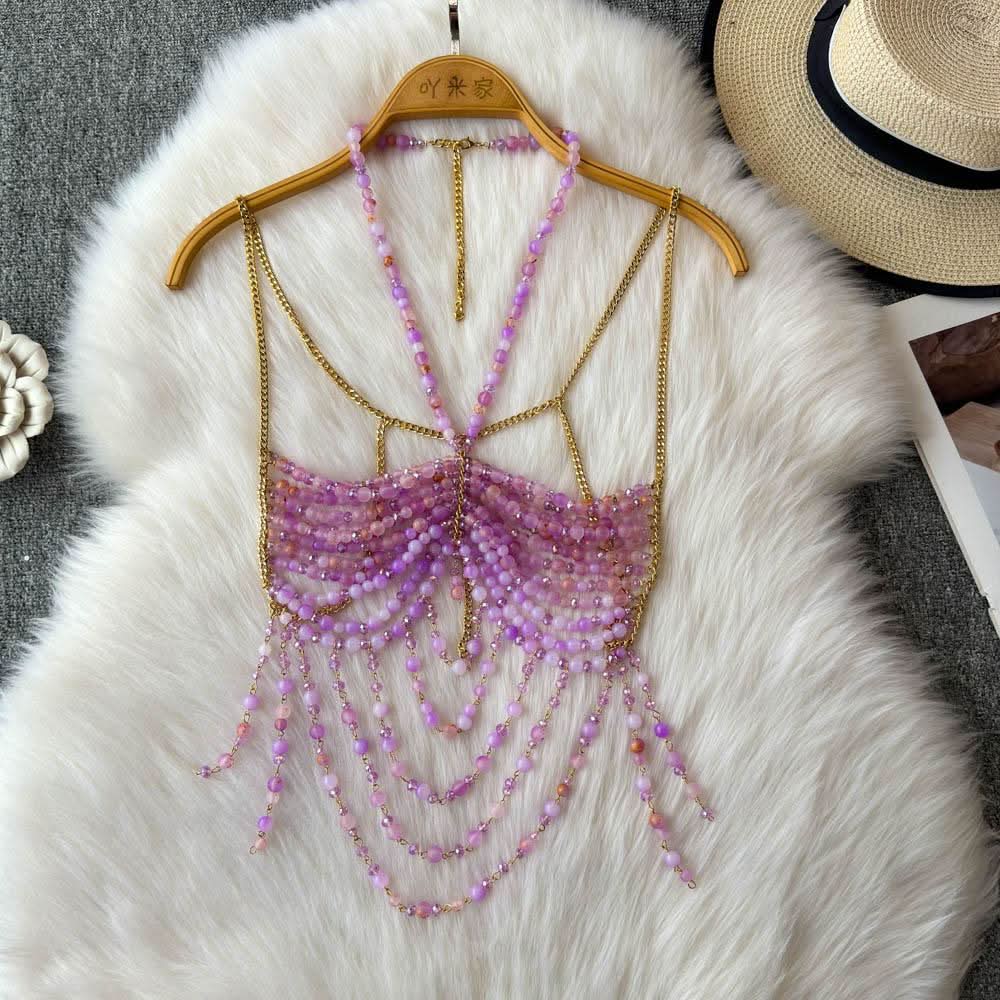 Halter beaded hollow out backless cut out top