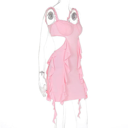 Sweetheart neck ruffle hollow out cami cut out mini dress