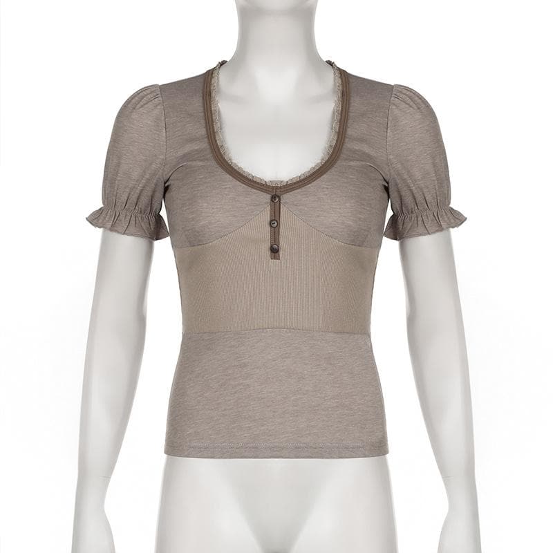 Short puff sleeve button stitch ruffle ribbed top