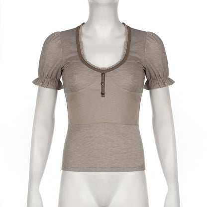 Short puff sleeve button stitch ruffle ribbed top