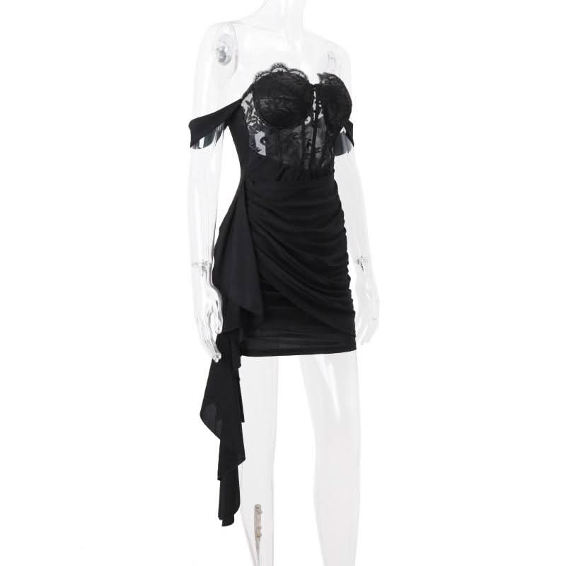 Irregular lace hem ruched solid tube mini dress