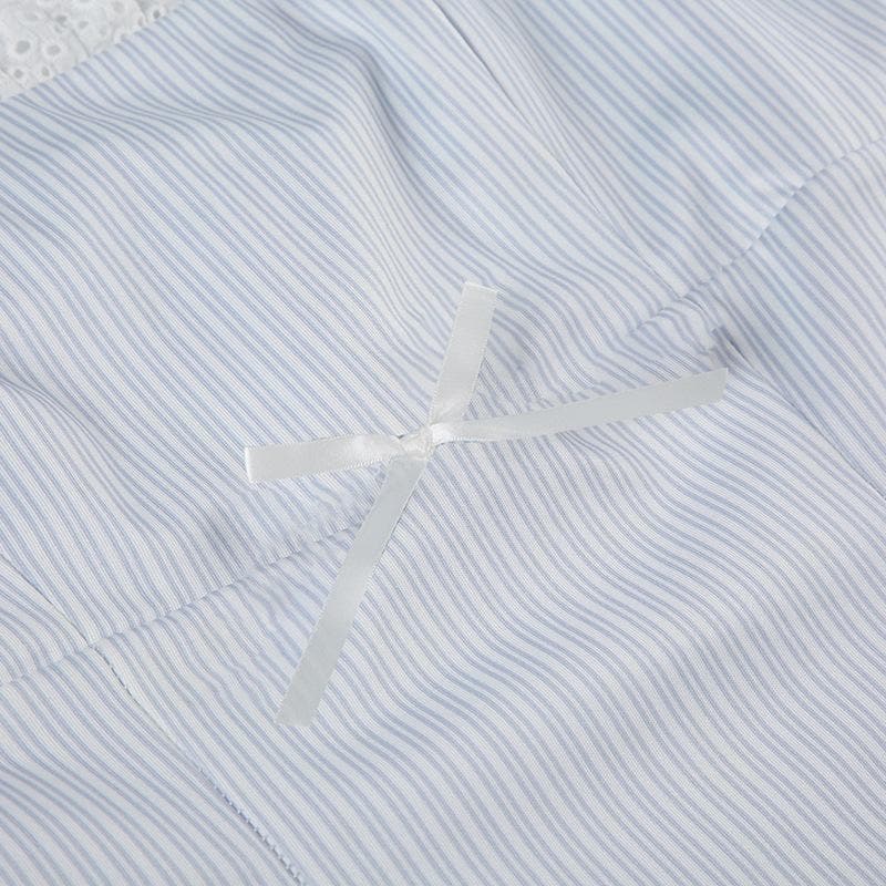 Striped print lace hem zip-up bowknot cami top