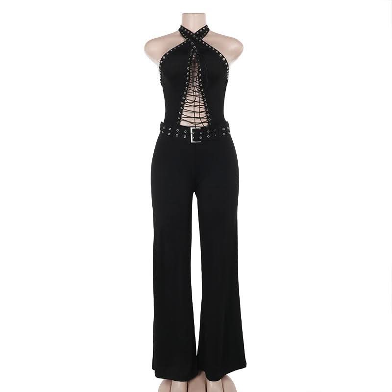 Halter lace up hollow out self tie backless jumpsuit