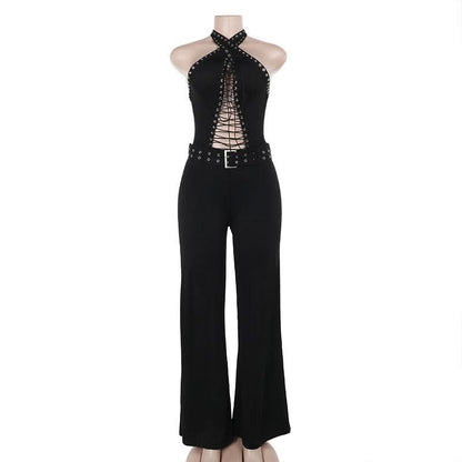 Halter lace up hollow out self tie backless jumpsuit