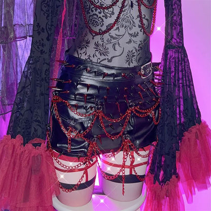 PU leather rivet metal chain buckle mini skirt