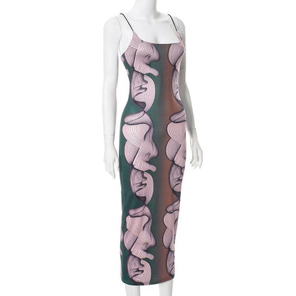 U neck abstract print contrast cami midi dress