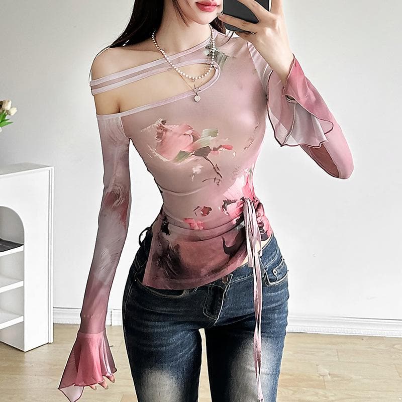 Long flared sleeve sheer mesh print top