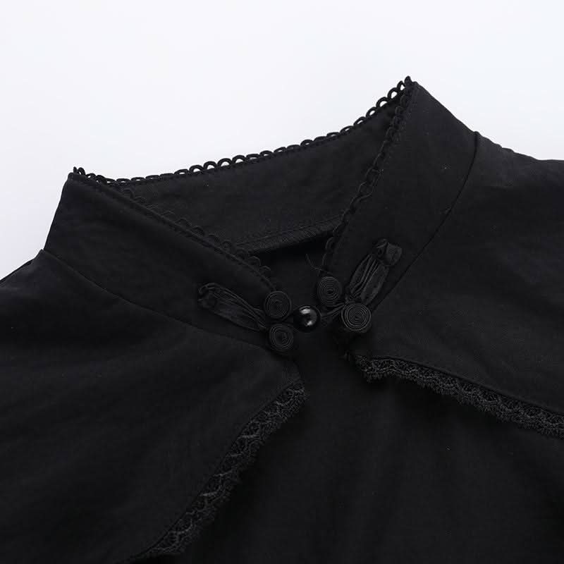 Hollow out button self tie lace hem ruched puff sleeve cut out top