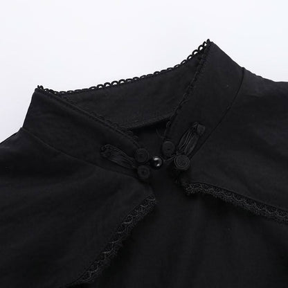 Hollow out button self tie lace hem ruched puff sleeve cut out top
