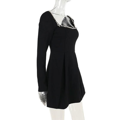 Square neck long sleeve beaded mini dress