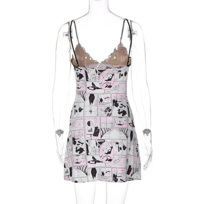 V neck abstract lace cami mini dress