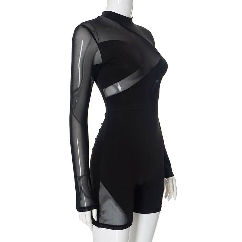 Long sleeve zip-up mesh patchwork crewneck romper