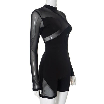 Long sleeve zip-up mesh patchwork crewneck romper