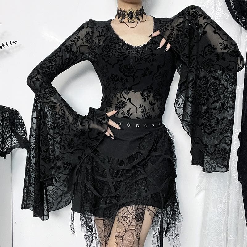 Long flared sleeve ruffle bowknot mesh see through bodysuit